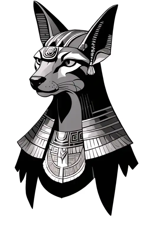The evil Anubis Egyptian god with the face of a jackal looks full-face in black and white tattoo design idea