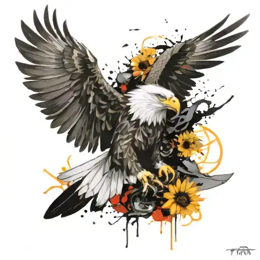 A fierce eagle soaring through the sky with a background of sunflowers and fighter jets tattoo design idea