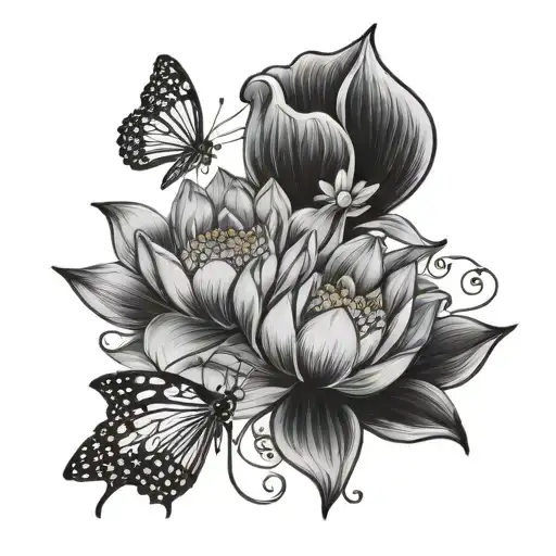 several lotus flowers, heart, ladybug, butterfly tattoo design idea