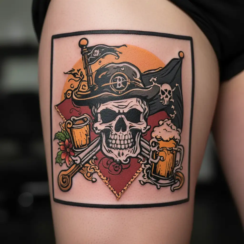 Jolly roger flag with snow sun and beach beer   tattoo design idea