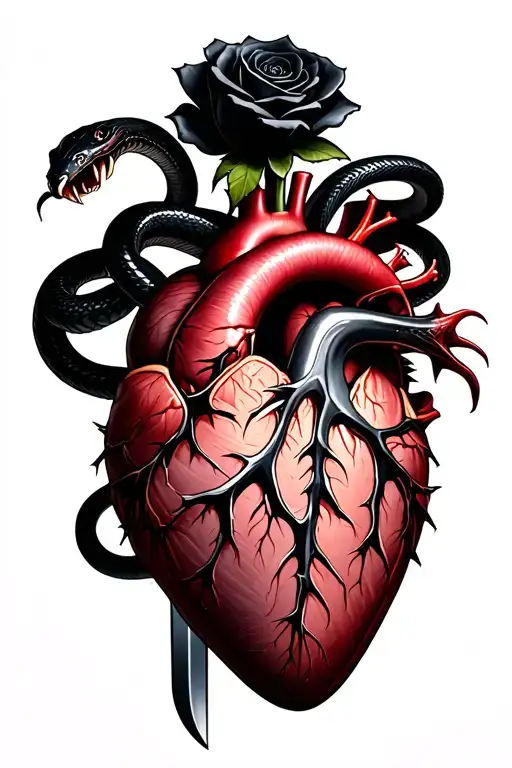 human heart trapped by black rose with thorns, both pierced by a dagger. Black mamba coiled around all of it and biting  tattoo design idea