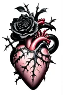 human heart trapped by black rose with thorns, both pierced by a dagger. Black mamba coiled around all of it and biting  tattoo design idea