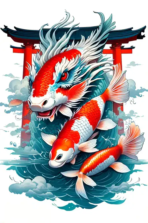japanese koi surrounded by tori gates, japanese dragon face, cloud and ghibli studios elements tattoo design idea