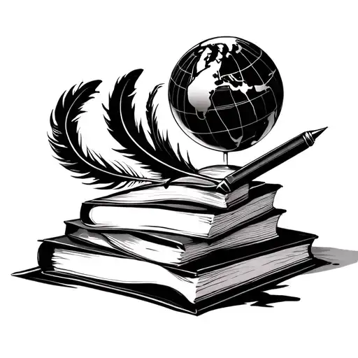 stacked books with globe on top and feather ink pen and an open book tattoo design idea