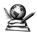 stacked books with globe on top and feather ink pen and an open book tattoo design idea