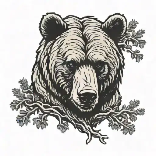 angry bear head juniper tree intertwined tattoo design idea