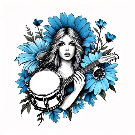 Stevie nicks inspired tattoo with tambourine, tattoo, poppy,  blue aster, and skylark.  tattoo design idea