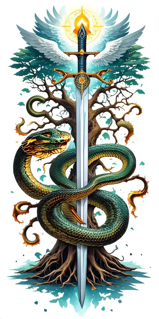 tree of life with heaven and hell symbology with a coiled snake, gates of heaven, and st Michael's sword tattoo design idea