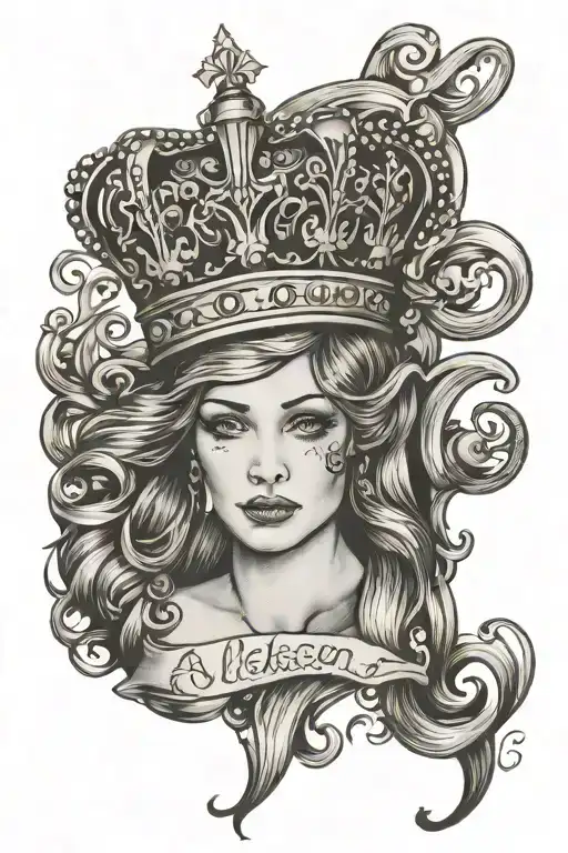 Allison with crown tilted over the A written in Old English tattoo design idea