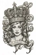 Allison with crown tilted over the A written in Old English tattoo design idea