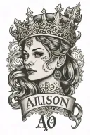 Allison with crown tilted over the A written in Old English tattoo design idea