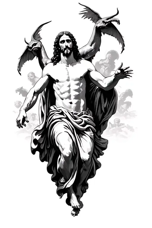 jesus and demons fleeing trip tattoo design idea