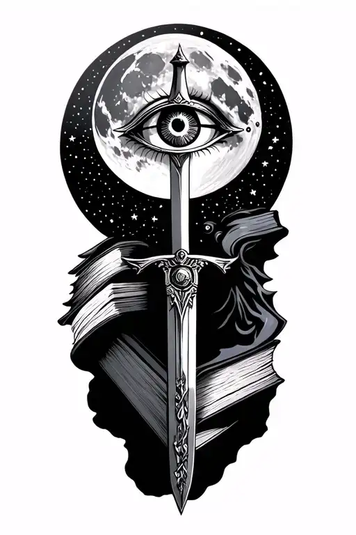 pen sword, moon phase, greek bust, mythology, books, eye, star cluster, stray kids compass tattoo design idea