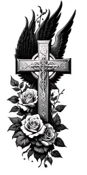 cross with wings and trinity symbol on it surrounded by roses tattoo design idea