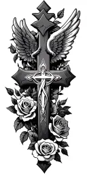 cross with wings and trinity symbol on it surrounded by roses tattoo design idea