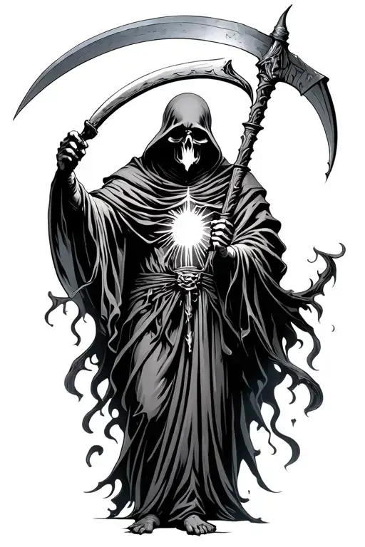 full body grim reaper holding a scythe above his head with light coming off his body tattoo design idea