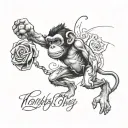 monkey boxing, roses outside, text rolling with the punches, on leg tattoo design idea