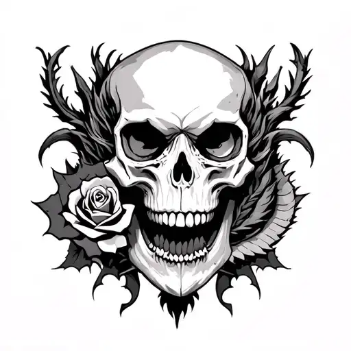 Skull, rose, Dragon, Demon tattoo design idea