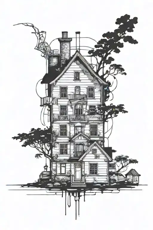 draw a gray city in the background where the house is happening and in the middle the inscription blessed in black tattoo design idea