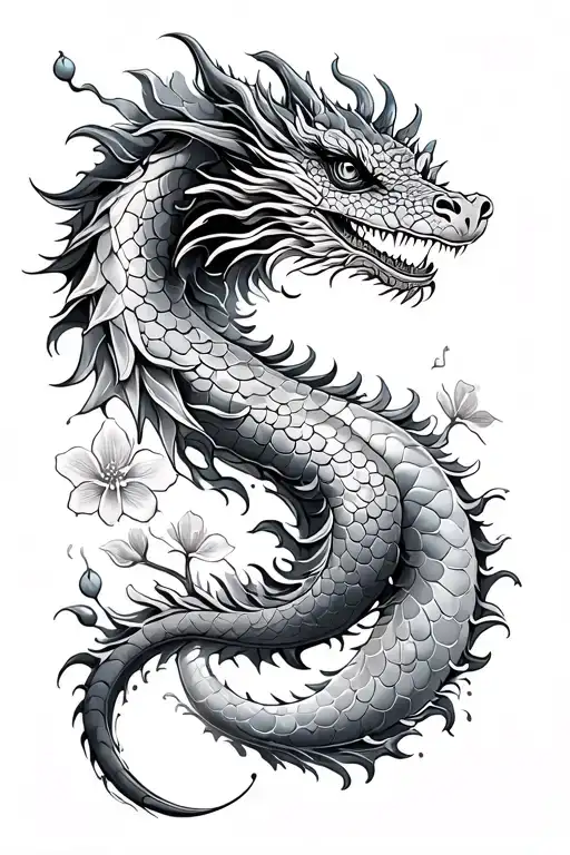 lao water dragon tattoo with cherry blossoms and water tattoo design idea