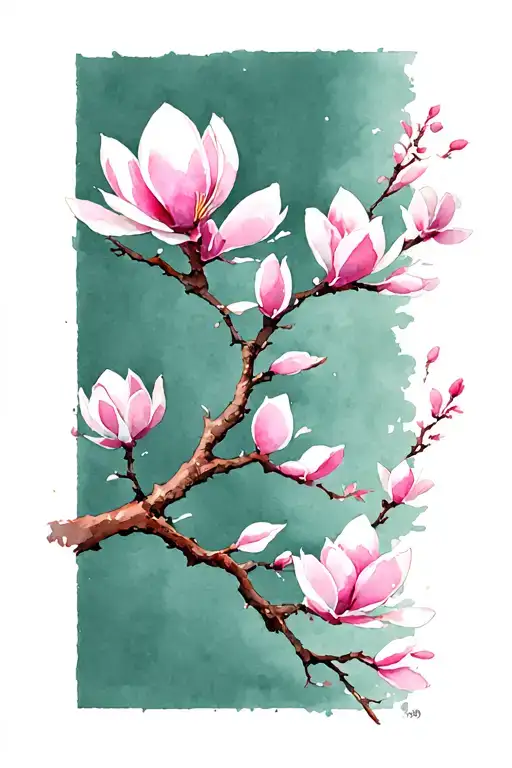 A Japanese-inspired illustration featuring a delicate branch adorned with vertically arranged soft pink magnolia blossom tattoo design idea