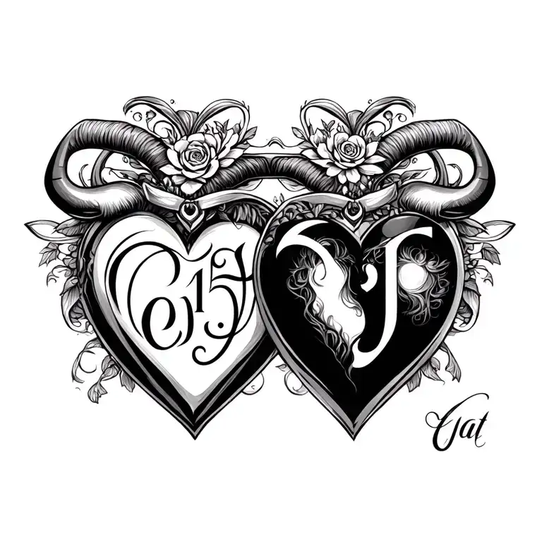 Taurus Couple, heart locket, 6.15.24, The letter J, and  script font writing: Locked In tattoo design idea