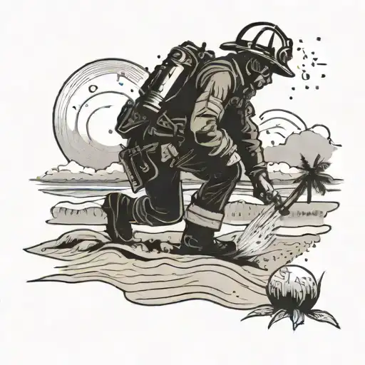 A beach scene with a silhouette of a firefighter investigating a fire, blending vacation vibes with the client's occupation tattoo design idea