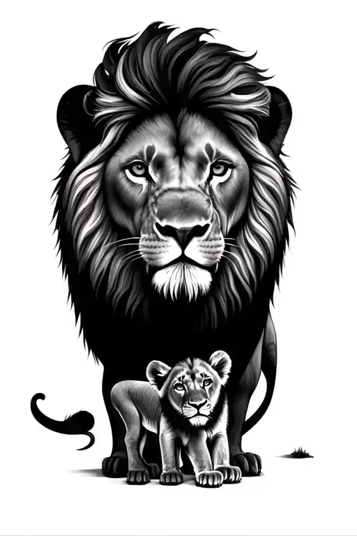 male lion female lion two cubs tattoo design idea