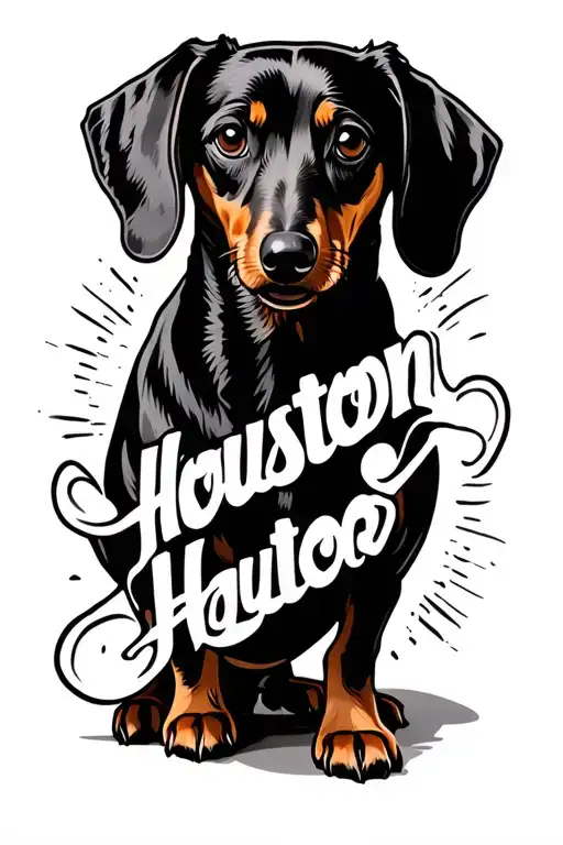 linear silhouette of a dachshund, one line, incorporating the name Houston into the middle of the dogs outline tattoo design idea