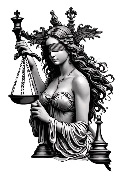 lady justice playing chess with blindfold on  tattoo design idea