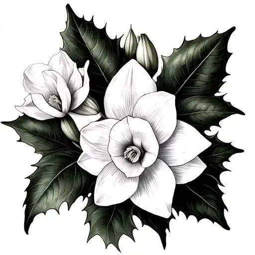 holly and narcissus paperwhite flower tattoo design idea