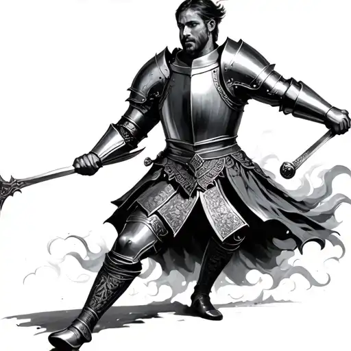 A bold English knight in mid-swing, captured in dynamic motion, wearing detailed 15th-century plate armor with a flowing tattoo design idea
