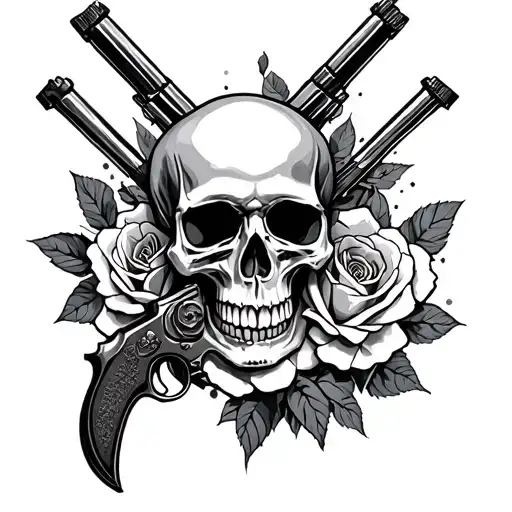 guns skull roses intertwined tattoo design idea