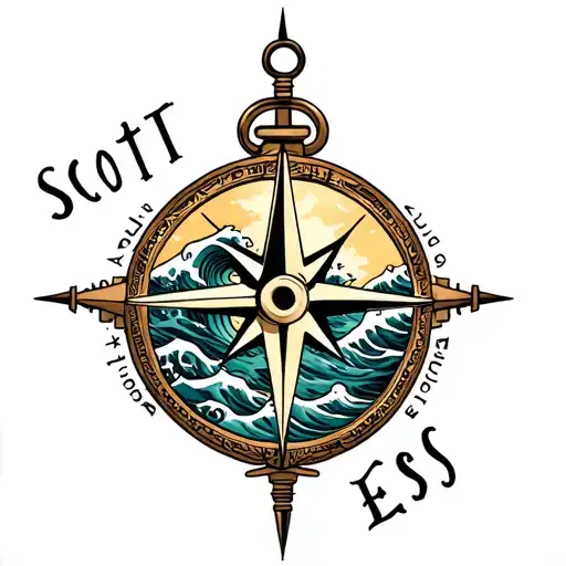 "Scott" compass, ocean waves tattoo design idea