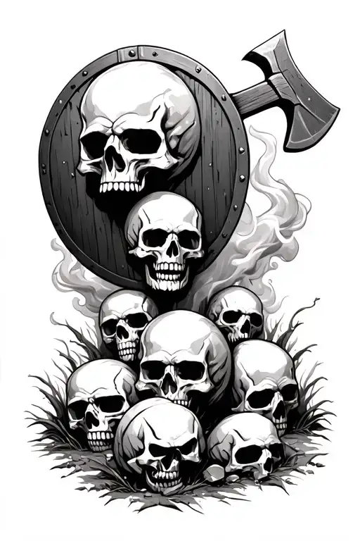 9 skulls resting on the ground, one broken by and axe, shield on the ground, turning into smoke and forest viking tattoo design idea