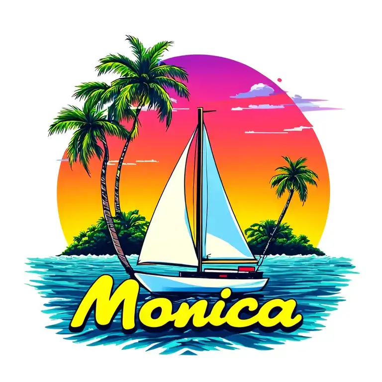 "Monica" "Monica" foreground white sailboat, sunrise sky small background distant island with 2 palm tree.  ocean vibrant colors tattoo design idea