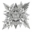 hawaiin tribal forearm tattoo with sun god, plumeria flowers, Japanese maple tree, and kane tiki tattoo design idea
