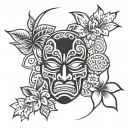 hawaiin tribal forearm tattoo with sun god, plumeria flowers, Japanese maple tree, and kane tiki tattoo design idea