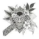 hawaiin tribal forearm tattoo with sun god, plumeria flowers, Japanese maple tree, and kane tiki tattoo design idea