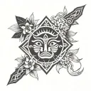 hawaiin tribal forearm tattoo with sun god, plumeria flowers, Japanese maple tree, and kane tiki tattoo design idea