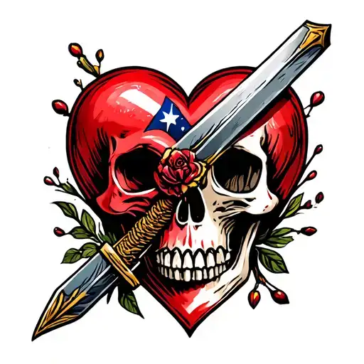 double edged sword heart and skull peirced through tattoo design idea