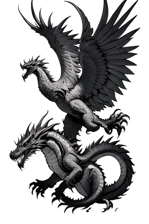 dragon falling dead with phoenix rising from it tattoo design idea