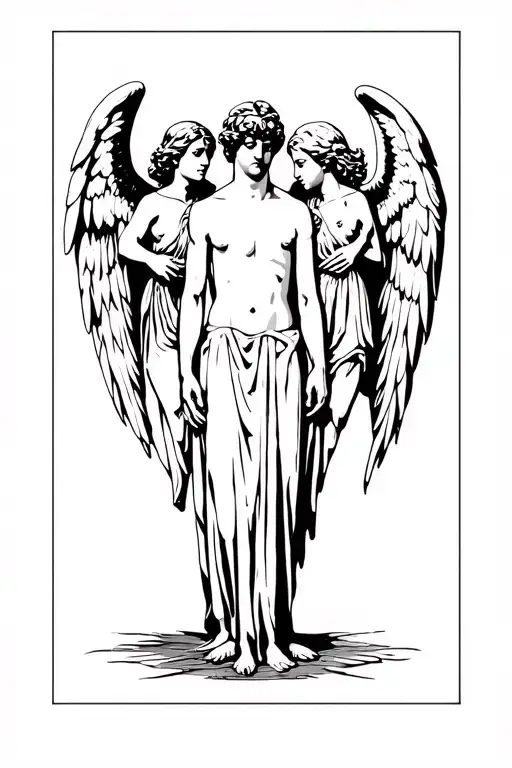 3 angels looking down at man standing tattoo design idea