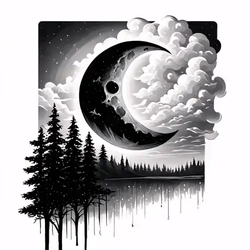 navajo moon tattoo with rain cloud and forest tattoo design idea