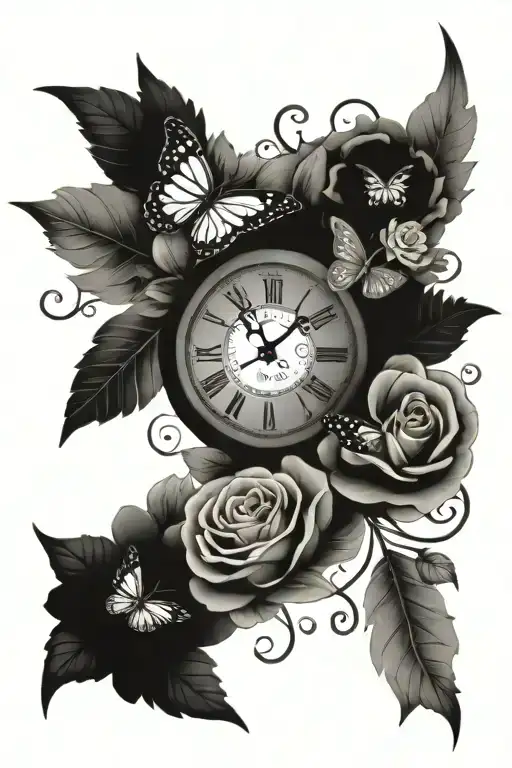 flowers and leaves intertwined, butterflies flying, an eye with a clock inside tattoo design idea