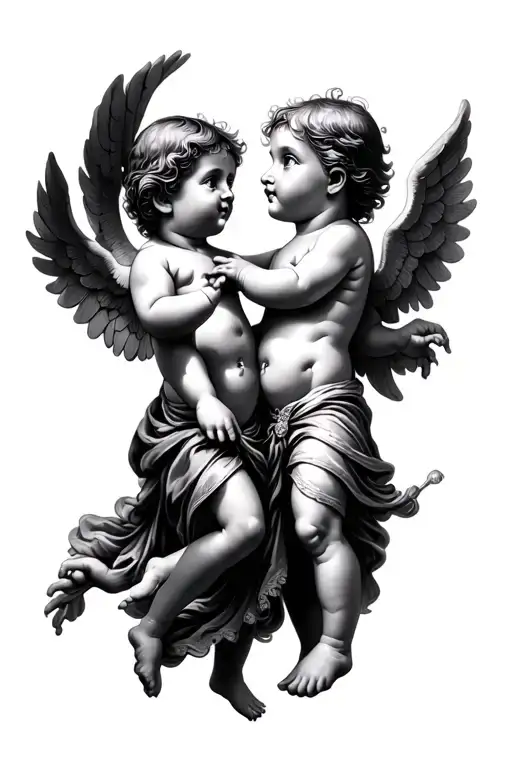 2 fying cherub reaching each other hand reaching tattoo design idea