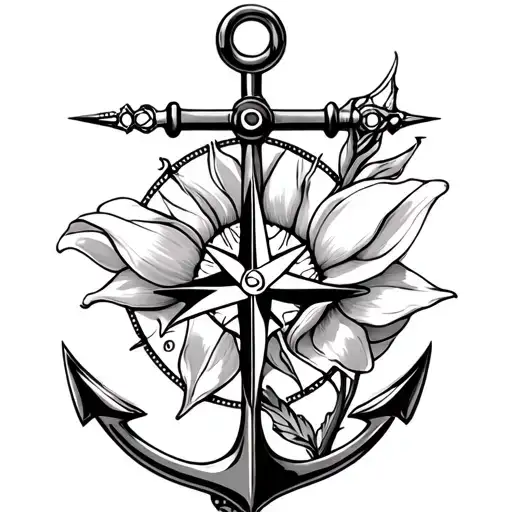 anchors, compass, tulip flower tattoo design idea