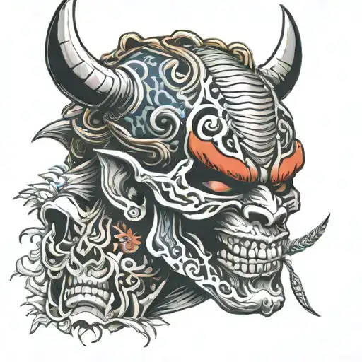 oni mask split in half skull inside representing tattoo design idea