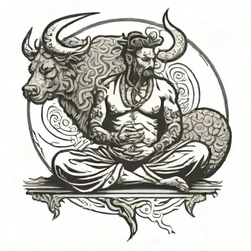 person meditating charged by bull and bear tattoo design idea