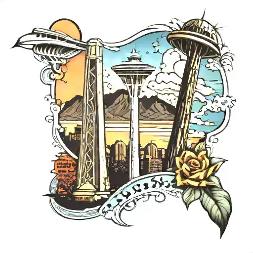 gateway arch and death space needle and Maui scene tattoo design idea